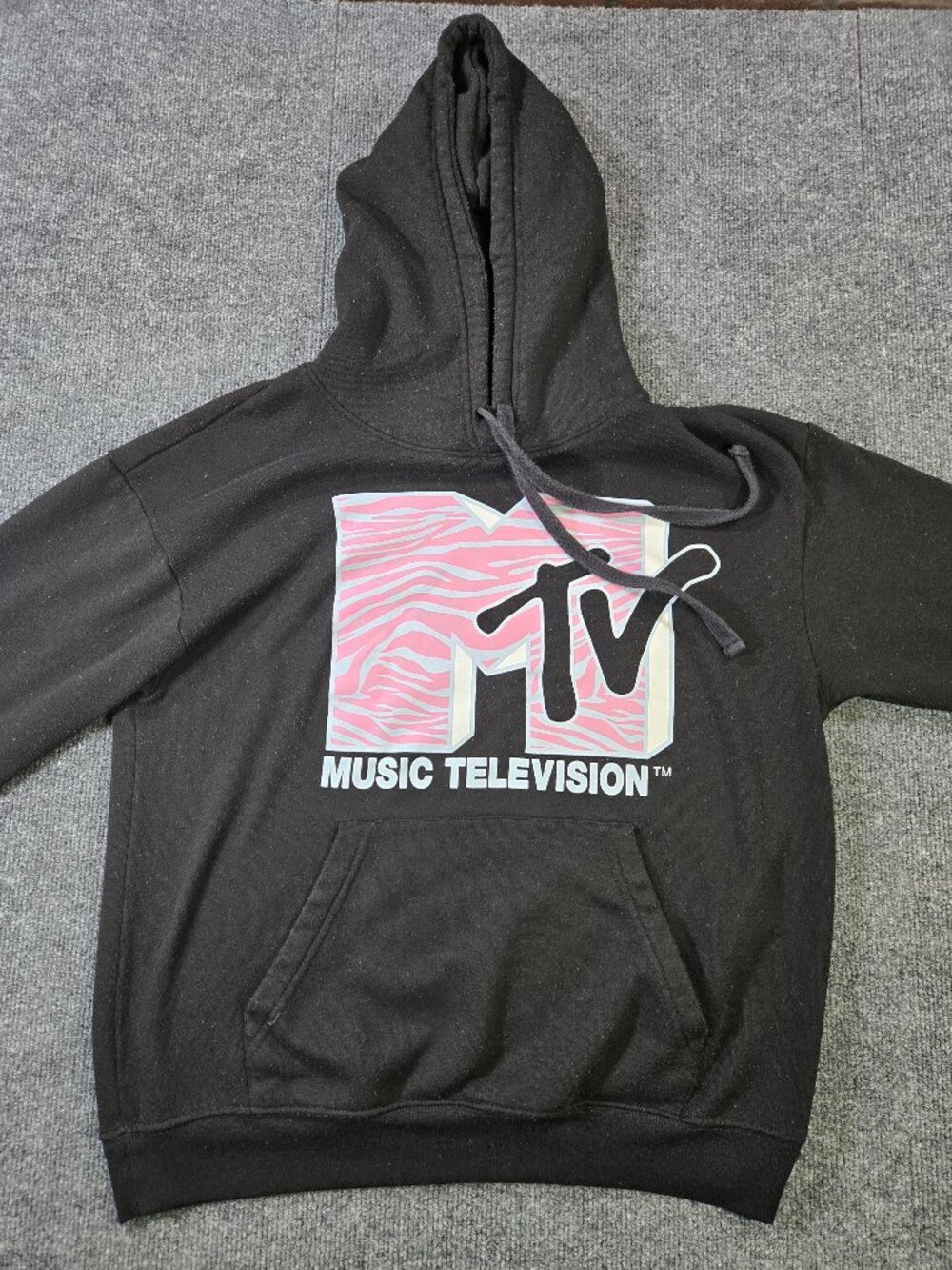MTV Music Television Hoodie Women L Black Pink Zebra Logo Pullover Sweatshirt